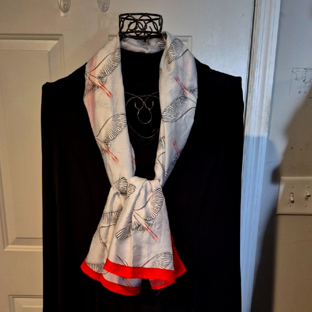 Handmade 100% Cupro White and Red Elegant Crane Print Scarf